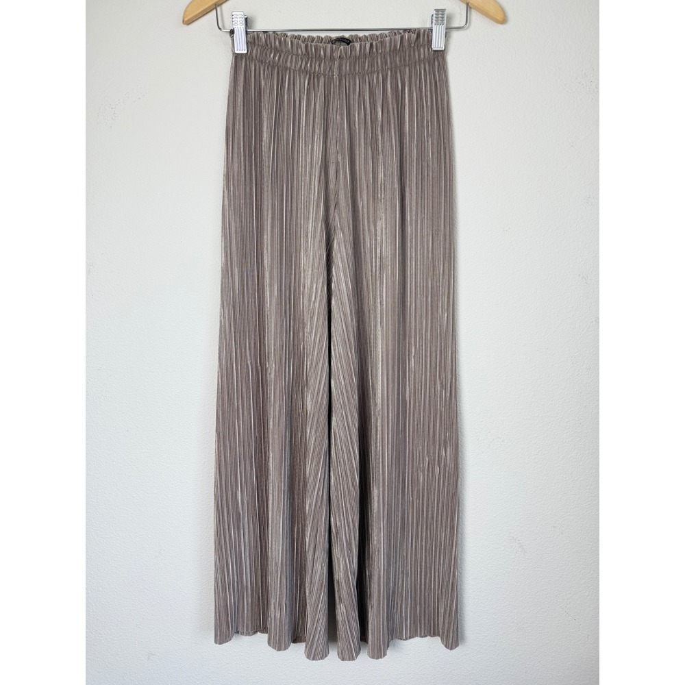 Zara Womens Metallic Pleated Wide Leg Pants S Taupe Silver Elastic Waist Palazzo